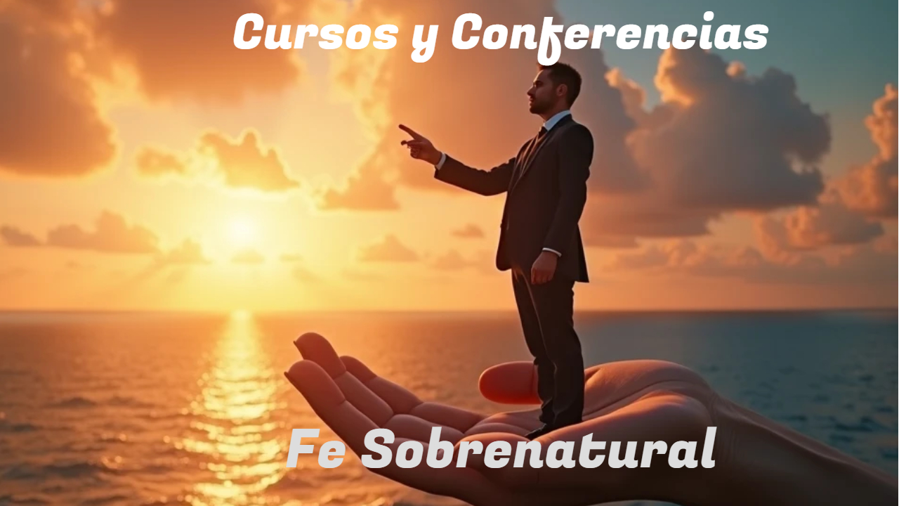 Imagen del curso fe sobrenatural de un hombre sobre una mano sobre el mar en un atardecer del sitio web cursosdefe.com