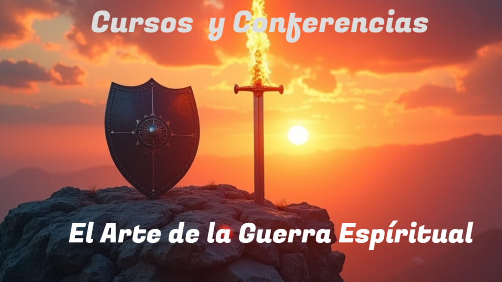 Imagen de un escudo y una espada de fuego sobre una roca frente al mar en un tardecer, del curso El Arte de la Guerra Espiritual, de cursosdefe.com