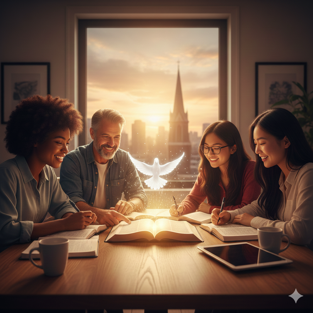 Imagen creada con inteligencia artificial Gemini para cursosdefe.com donde hay un grupo de creyentes estudiando la palabra de Dios